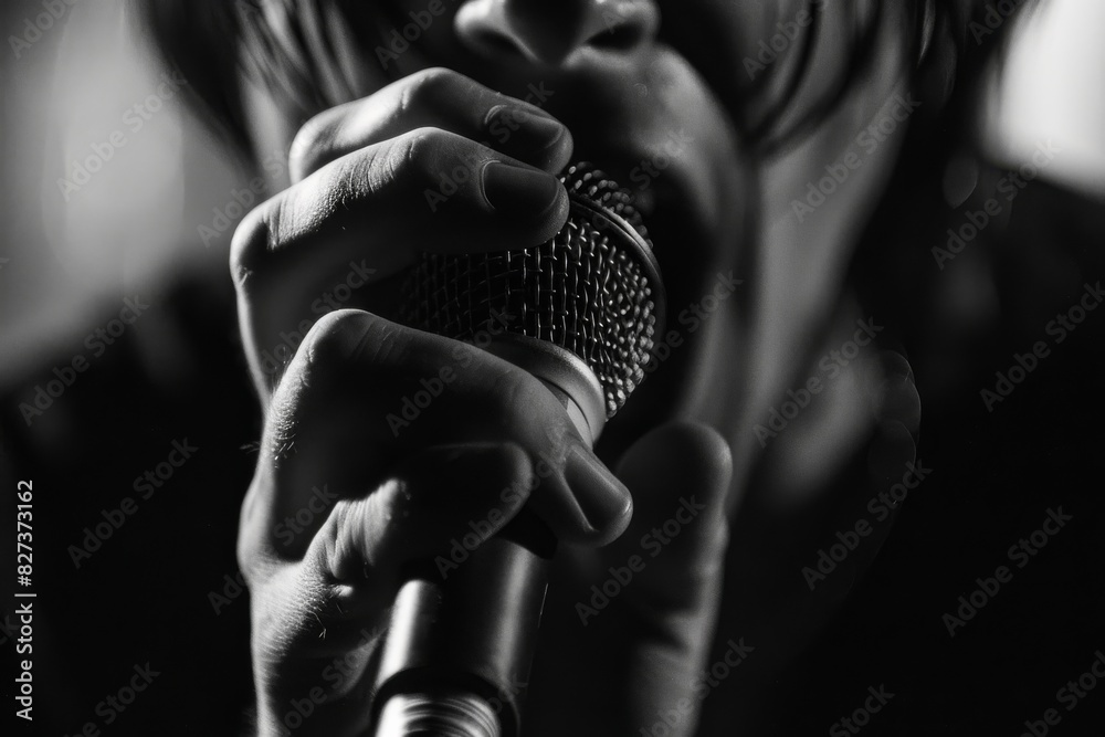 Poster a tight shot focusing on a person holding a microphone with a blurred background