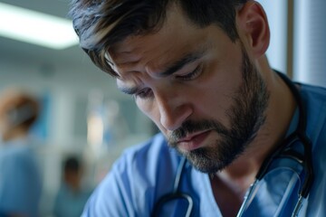 Obraz premium Part of a medical professional's attire and stethoscope visible with hospital background