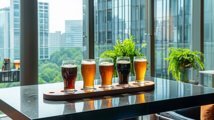 An elegantly arranged beer flight on a modern, minimalist table, with a view of the city skyline through large windows. The flight includes a selection of premium craft beers, each with a unique