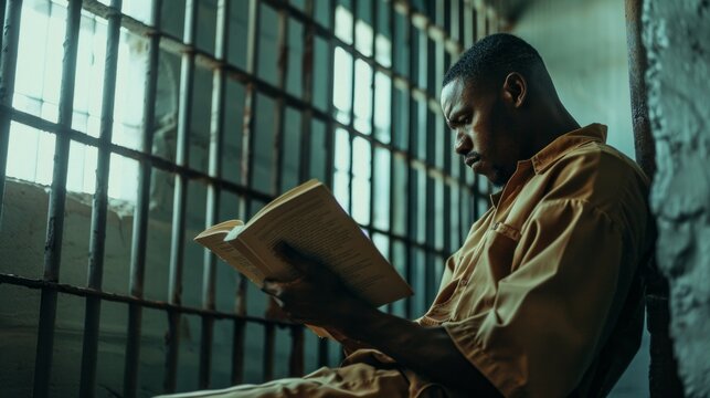 A man in a prison cell is reading a book