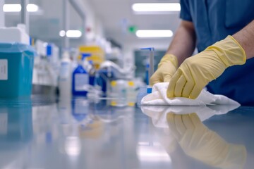 A close-up of a scientist's hands in gloves meticulously cleaning a laboratory countertop, ensuring sterility for research purposes