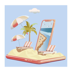 Vacation concept. Mobile phone, beach chairs and umbrella. Palm trees and the ocean. Business, freelance vector isolated