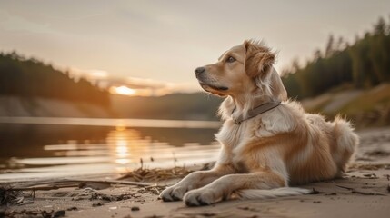 Puppy Sitting by the River at Sunset