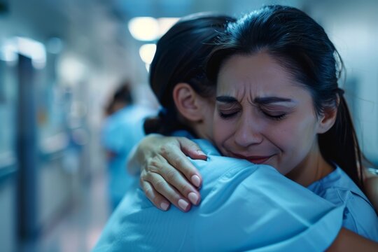 In the dim hospital corridor, two nurses are shown embracing, highlighting emotional support among medical staff