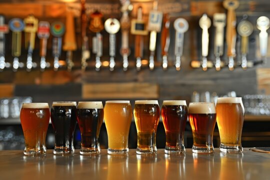 A flight of beers on a modern bar counter, with a row of taps in the background. The beers are served in small, elegant glasses, showcasing a variety of craft brews