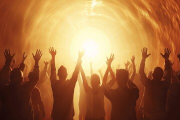 Crowd of People Celebrating in Sunlight Through a Window Tunnel