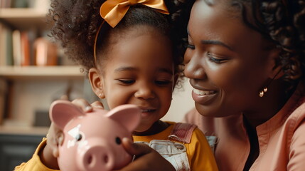mother and daughter hold piggy bank at home