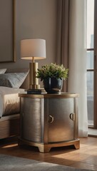 Elegant Bedside Table with Modern Lamp and Decorative Plant in Stylish Bedroom Interior