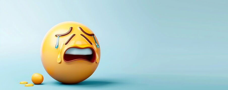 crying with laughter emoji on a light blue background with space for copy The emoji is bright yellow with tears of joy