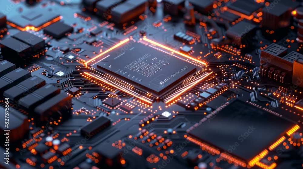 Poster a computer chip is lit up in orange
