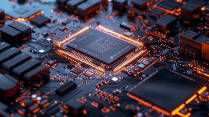 A computer chip is lit up in orange