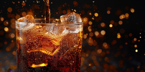 Pouring cola into glass with ice cubes and bubbles capturing a refreshing and dynamic beverage moment in high detail
