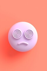 Fototapeta premium dizzy emoji on a coral background with space for text The emoji is light purple with spirals for eyes