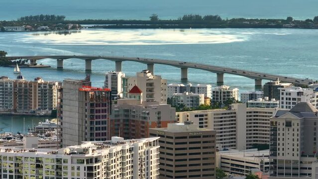 Sarasota city downtown with high-rise office buildings and Ringling Bridge horizon. Real estate development in Florida. USA travel destination