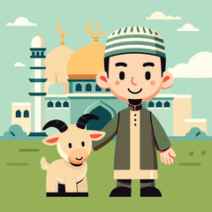 Cartoon of a Muslim man standing with a sacrificial goat in a mosque