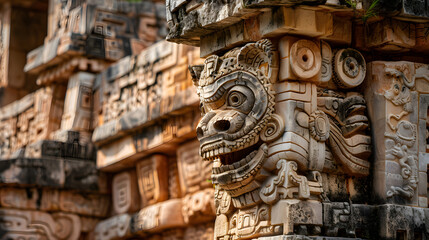Obraz premium A wall with many carved figures, including a dragon