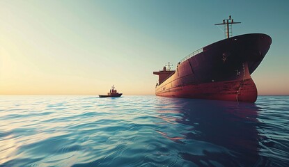 Fototapeta premium Oceanic Transport: Ship and Tugboat Docked at Sunset
