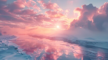 winter sunrise with the sky in soft fluffy hues of pastel pink and light blue