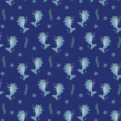 Cute dolphin seamless pattern background. Trendy pattern for wrapping paper, wallpaper, stickers. Underwater world. Illustration on dark blue background
