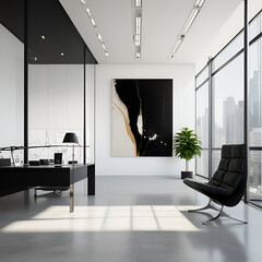 A sleek and minimalist office space, with floor-to-ceiling windows that flood the room with natural light. The walls are adorned with abstract art pieces, adding a touch of creativity to the space.