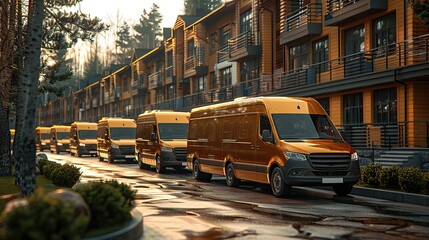 Obraz premium A fleet of delivery vans ready for dispatch, representing last-mile logistics.