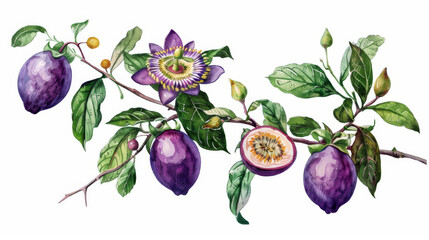 Nostalgic botanical sketch of a passion fruit vine with blossoms and fruit.academy, aesthetic,isolated on white background, old botanical illustration