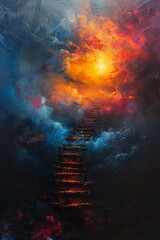Fototapeta premium A stairway leading up to a bright light in a surreal, abstract sky. The vibrant colors and ethereal feel create a sense of hope and aspiration.
