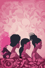 Five Diverse Women Silhouettes on Pink Background with Text, Strong and Brave Girls from Different Ethnicities and Cultures, International Women's Day Banner