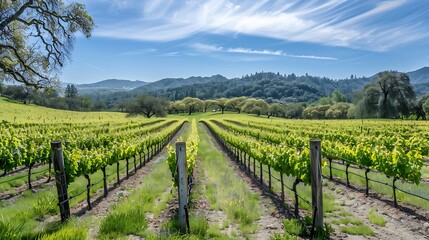 Fototapeta premium Captivating Beauty: A Serene Vineyard Landscape, Where Vines Stretch into the Horizon, Bathed in Golden Sunlight, Inviting Tranquility and Wine-Lovers Alike.
