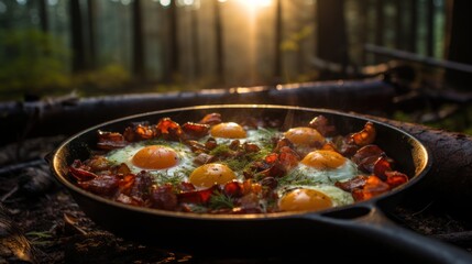 Eggs prepared with vegetables on a frying pan