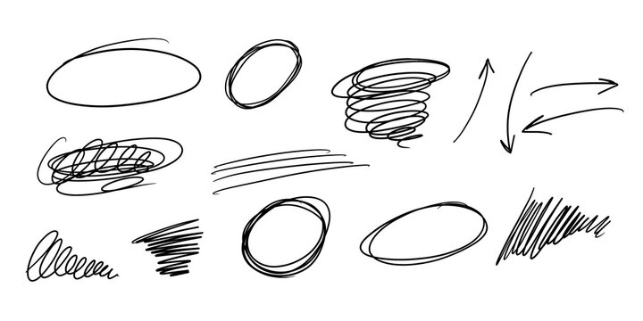 Marker lines isolated on transparent background. Set of different doodle underlines, rough round shapes. Hand drawn marker stripes. Scrawl texture underline effect