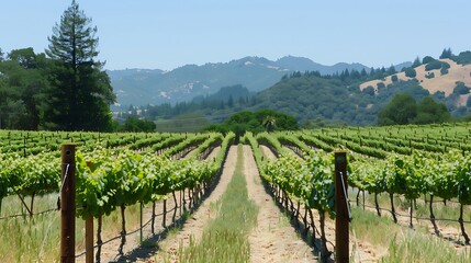 Naklejka premium Captivating Beauty: A Serene Vineyard Landscape, Where Vines Stretch into the Horizon, Bathed in Golden Sunlight, Inviting Tranquility and Wine-Lovers Alike.