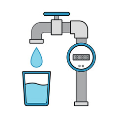 Economical cold water meter. Glass with water. Colored flat clipart.