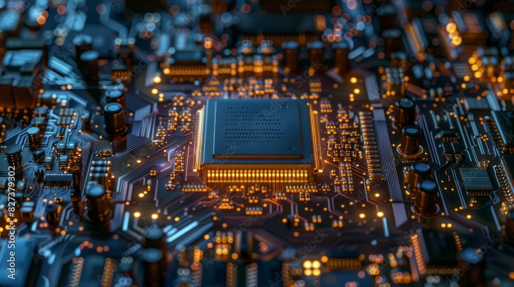 Poster A close up of a computer chip with a yellow glow