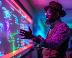 A teacher employing gamification in a history lesson to engage students in exploring historical events through roleplay, blacklight effect