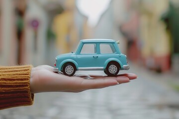 Insurance concept  man holding toy car with space for text, symbolizing financial protection