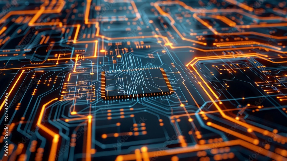 Poster a computer chip with a blue background and orange lines