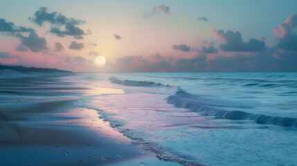 Obraz premium The tranquil beauty of a moonlit beach, where waves gently lap