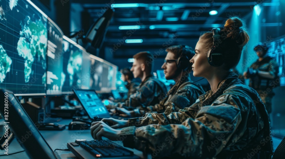 Poster a group of people in military uniforms are working on a computer