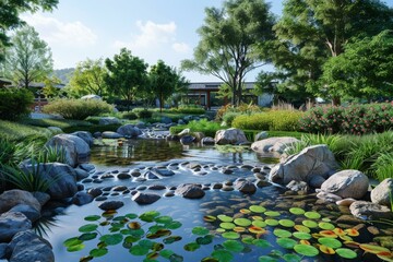 Landscape Architecture Rendering: Water Feature & Rockery Design