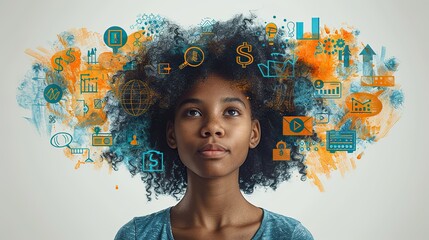 A drawing of a person with a thought bubble filled with financial icons.