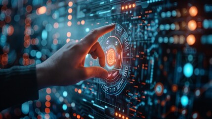 A hand is pointing at a glowing circle on a computer screen