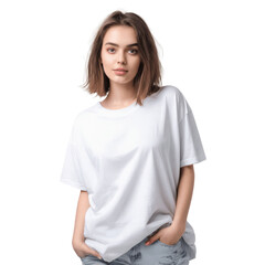Fototapeta premium portrait of a smiling woman with short hair wearing white t-shirt isolated on transparent background