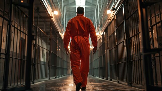 A man in an orange jumpsuit walks down a hallway
