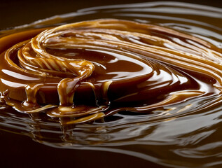 golden caramel sauce as it swirls and drips in slow motion against a pristine white background