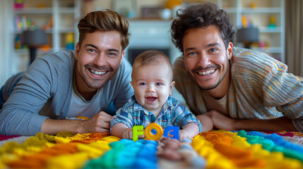 Loving LGBT parents play with adorable baby boy at home on living room floor