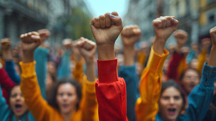 Fototapeta premium A diverse group of individuals stands united with their fists raised, symbolizing solidarity during a protest.