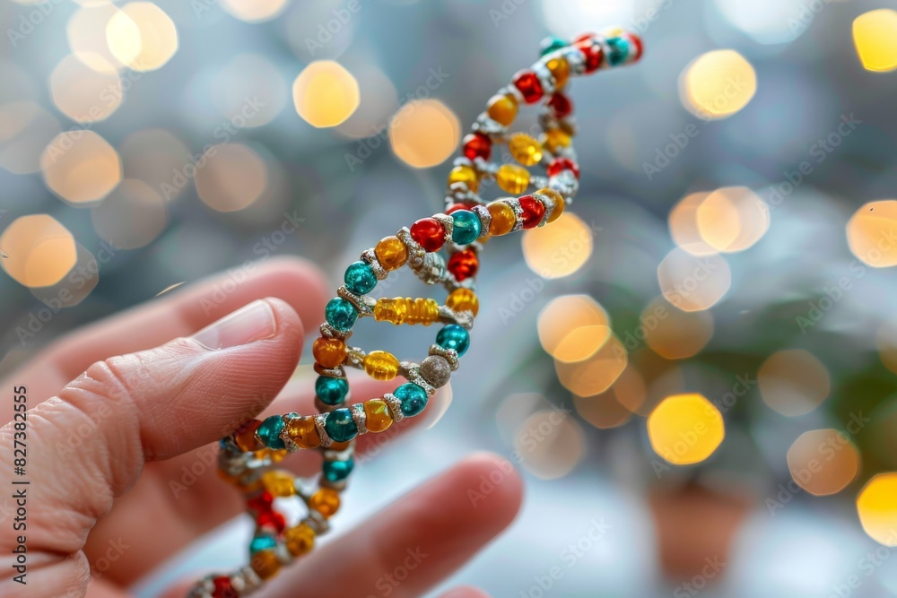 Sticker Hand holding a colorful beaded DNA strand with blurred bokeh lights in the background, symbolizing creativity and the intricate beauty of genetic structures