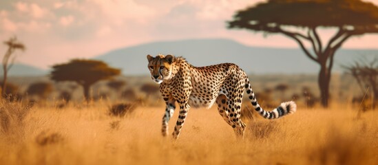 Cheetah (Acinonyx jubatus) stalking fro prey on savanna