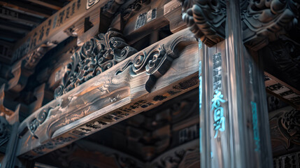 The wooden structure has a lot of intricate carvings and designs